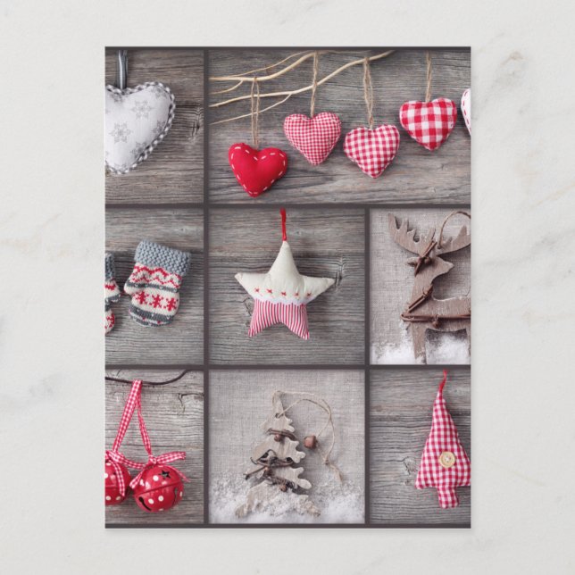 Collage Of Christmas Photos Over Grey Wood Holiday Postcard (Front)