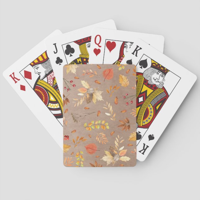 Collage of fall leaves on brown playing cards (Back)