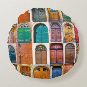 Collage of mediaeval front doors at Prague, Czech Round Cushion