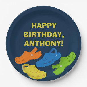 Collage of Plastic Shoes Navy Blue Birthday Party Paper Plate