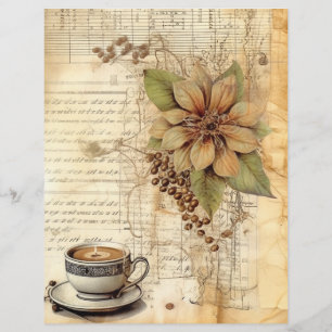 Collage Old paper cup of coffee tea light flower