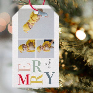 Collage Photo And Colourful Merry Happy Holiday Gift Tags