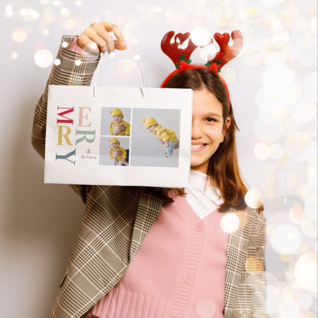 Collage Photo And Colourful Merry | Happy Holiday Large Gift Bag (Creator Uploaded)