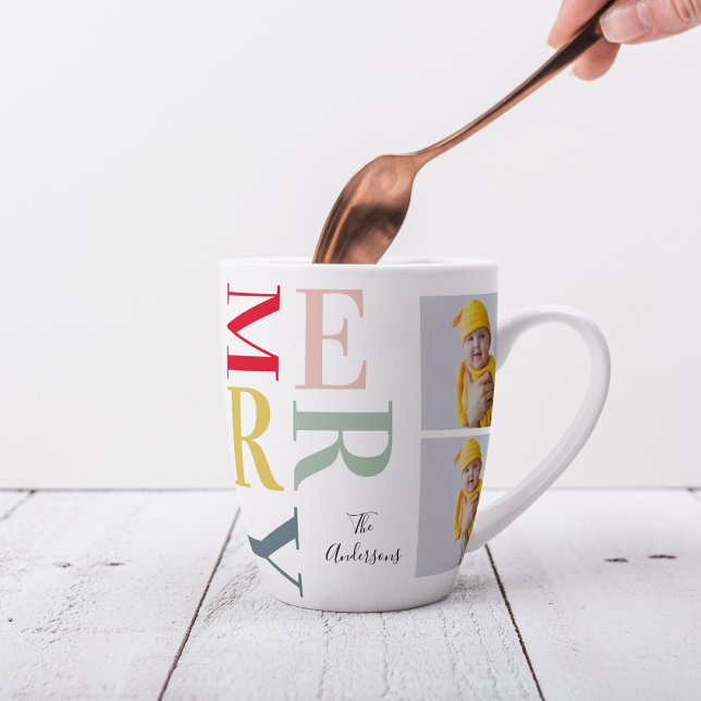 Collage Photo And Colourful Merry | Happy Holiday Latte Mug (Creator Uploaded)