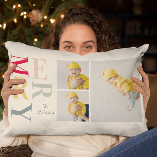 Collage Photo And Colourful Merry | Happy Holiday Lumbar Cushion (Creator Uploaded)