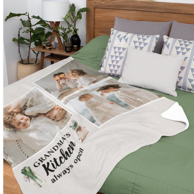 Collage Photo & Grandma Kitchen Is Always Open Fleece Blanket (Creator Uploaded)