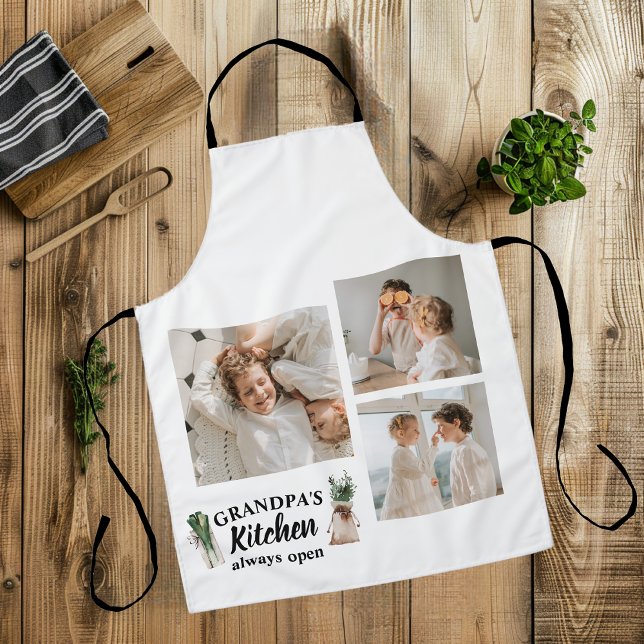 Collage Photo & Grandpa Kitchen Is Always Open Apron (Creator Uploaded)