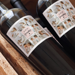 Collage Photo Pink We Love You Grandma Best Gift Wine Label