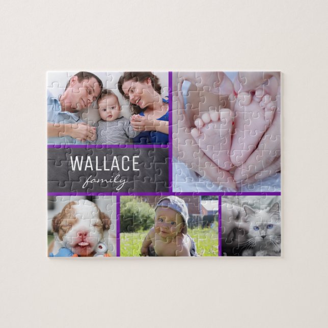 Collage photos family name purple jigsaw puzzle (Horizontal)