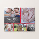 Collage photos with family name, 5 pictures jigsaw puzzle<br><div class="desc">Customise this puzzle with their family photos as a fun gift. Change all the photos and family name. Red dividing lines. *Please don't hesitate to contact me if you need any assistance with my designs. It's easy enough to transfer an existing style to another Zazzle product, just let me know....</div>