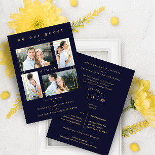 Collage Wedding 4 photos Navy Blue Trendy  Invitation