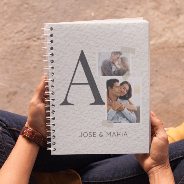 Collaged Initial Stories Notebook (Notebook with serif initial, stacked photos, washi tape accents, and charcoal text on white.)