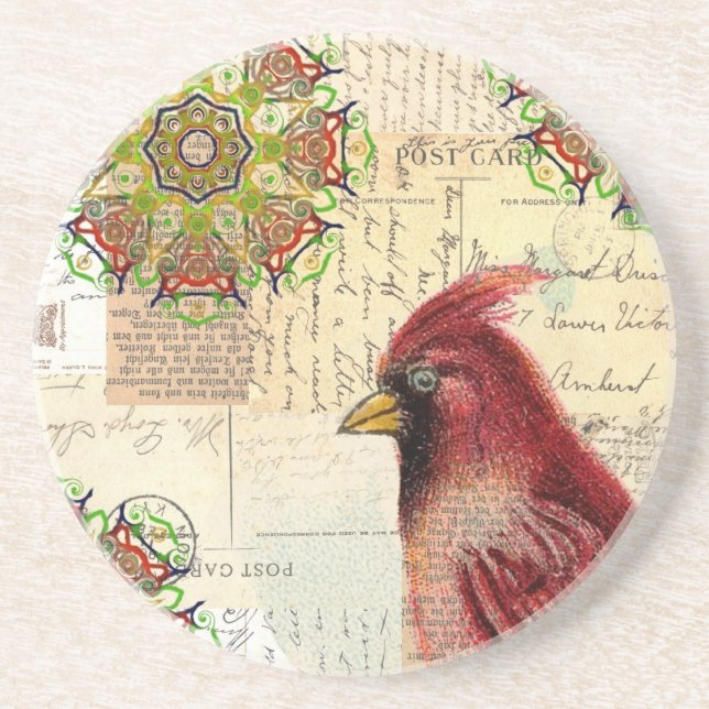 Collaged Old Papers And Cardinal Coaster (Front)