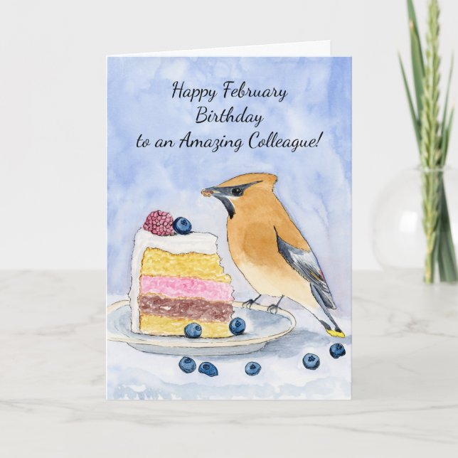 Colleague Happy February Birthday Bird Cake Card (Front)