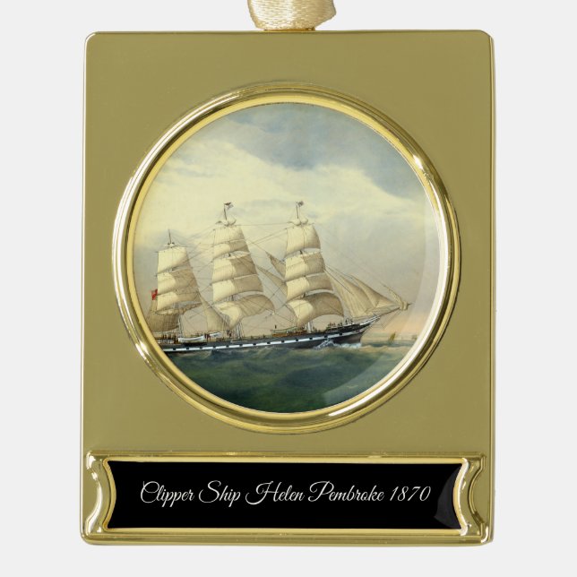 Collectable Clipper Ship Helen Pembroke 1870 Gold Plated Banner Ornament (Front)