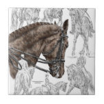 Collected Dressage Horses FEI Tile<br><div class="desc">This montage artwork in a Dressage Horse theme was created by pencil artist Kelli Swan. The drawing illustrates collected dressage movements like half pass and collected canter. The original black and white pencil drawing has been hand-tinted with colour details to create this final look. The artwork is titled "Contemplating Collection"....</div>