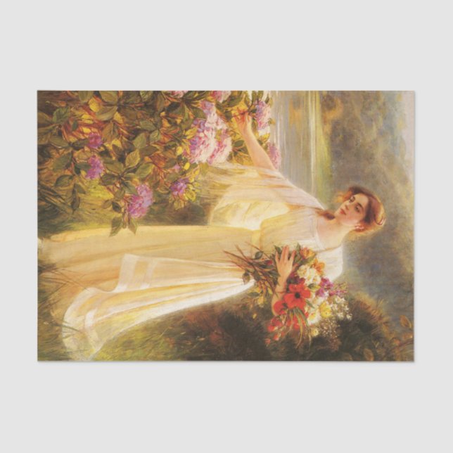 collecting flowers,beautiful lady by Albert Lynch Tissue Paper (Front)