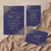 Lacy Gold Filigree Elegant Navy Blue Wedding Favor Classic Round Sticker (Personalise this independent creator's collection.)