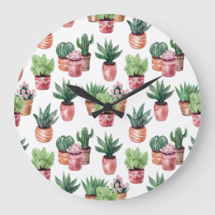 Collection of cacti in pots, watercolor. large clock