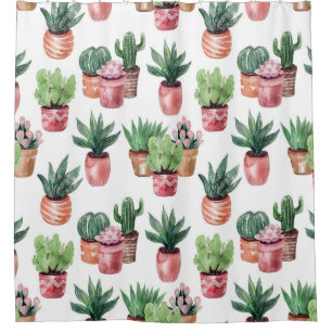 Collection of cacti in pots, watercolor. shower curtain