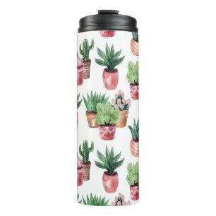Collection of cacti in pots, watercolor. thermal tumbler