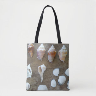Collection of different seashells on a tote bag