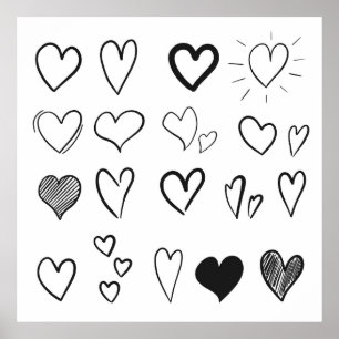 Collection of hand drawn hearts isolated on white poster