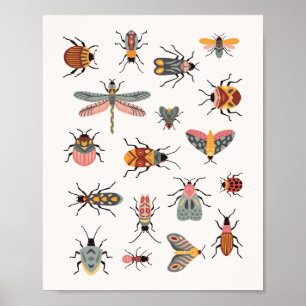 Collection of hand drawn retro cute bugs kids poster