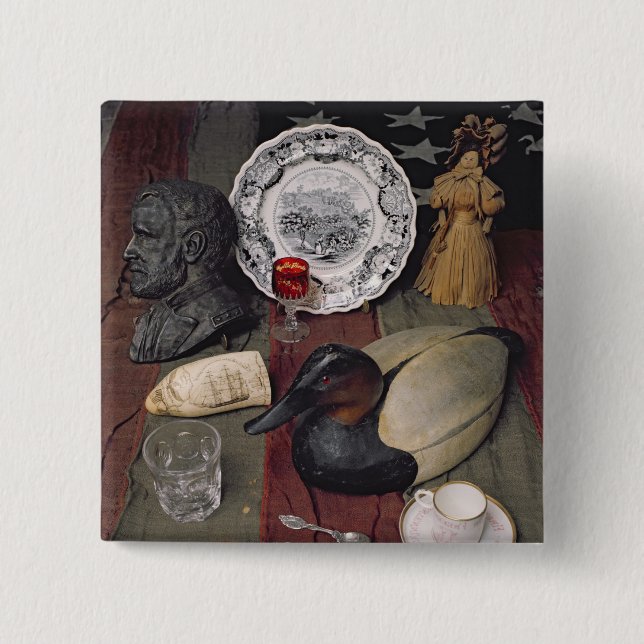 Collection of objects, including a cup 15 cm square badge (Front)