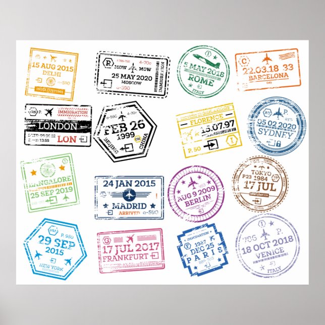 Collection of Passport Stamps Isolated on White. V Poster (Front)