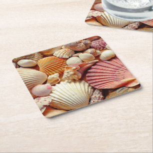 Collection of Seashells Scallops Clams and Conch Square Paper Coaster