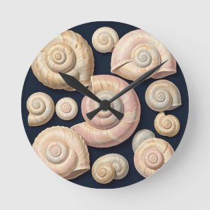 Collection of Spiral Seashells Beige Pink Nautical Round Clock