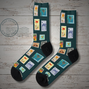 Collection of stamps, on fern green socks