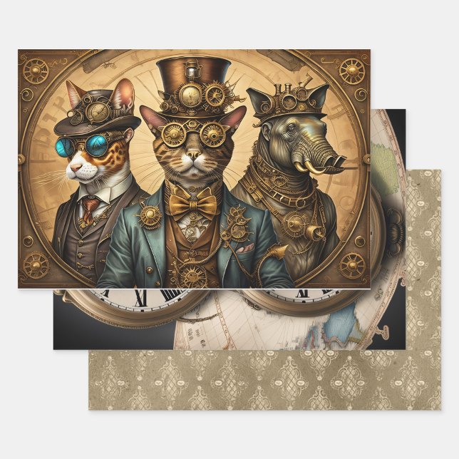 Collection Steampunk Animal - Kitty Trio  Wrapping Paper Sheet (Creator Uploaded)