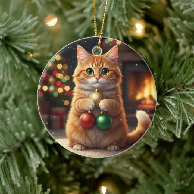  Collector Cat Christmas Proud Cat Holding Baubles Ceramic Ornament (Tree)