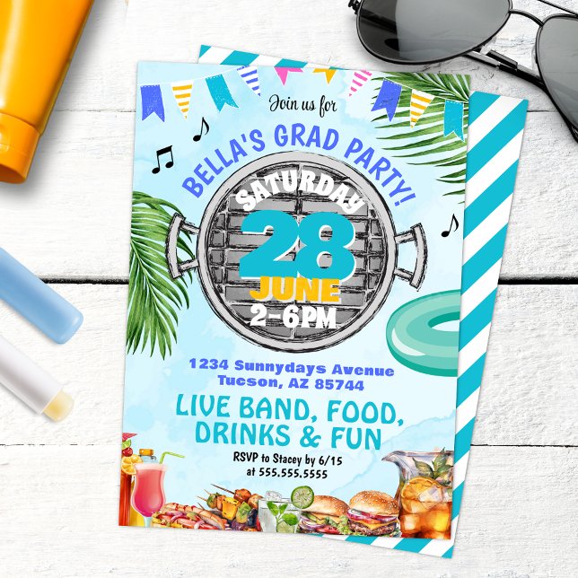 College Barbeque Graduation Pool Party Invitation (College Grad Party with barbeque live music and tropical drinks hawaiian theme)