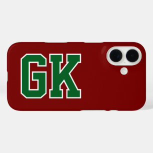 College Burgundy Green Varsity Monogram Initials iPhone 16 Case