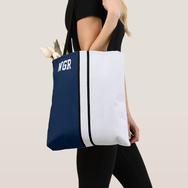 College Colours Dark Blue & White Monogram  Tote Bag (Close Up)