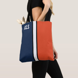 College Colours Navy Blue & Orange Monogram Tote Bag
