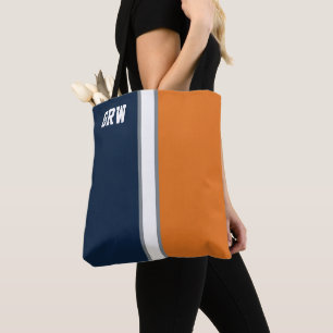 College Colours Navy Blue & Orange Monogram  Tote Bag