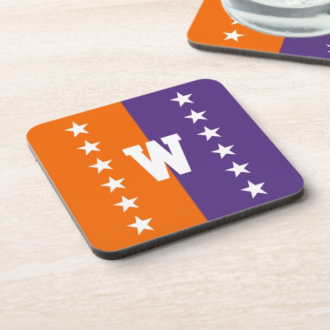 College Colours Orange, Purple & White Monogram Coaster (Left Side)