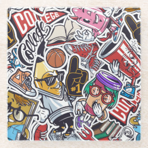 College Fun, Colourful Vintage Pattern Glass Coaster