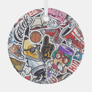 College Fun, Colourful Vintage Pattern Glass Tree Decoration