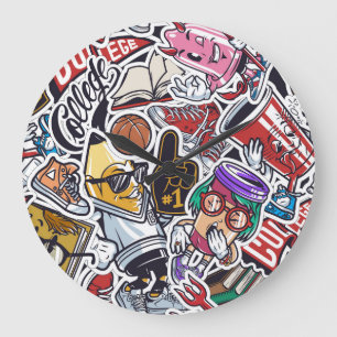 College Fun, Colourful Vintage Pattern Large Clock