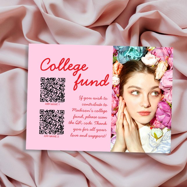 College Fund 2 QR Code Gift Photo Pink & Red Grad Enclosure Card (College Fund 2 QR Code Gift Photo Pink & Red Grad Enclosure Card)