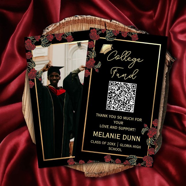College fund graduation enclosure card (College fund graduation enclosure card @zazzlemade #qrcodegraduationcard #redfloral #red andgold )