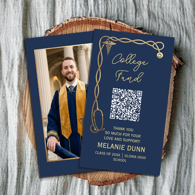 College fund Navy Blue & Gold Medical graduation Business Card (College fund Navy Blue & Gold Medical graduation #collegefund #collegefundqrcode #seniorcollege)
