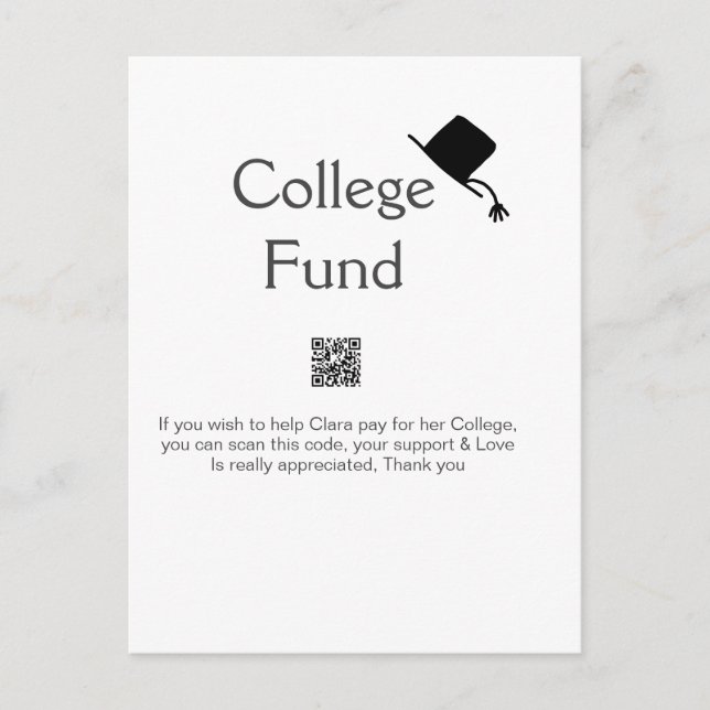 College fund scan QR add details graduate donation Postcard (Front)