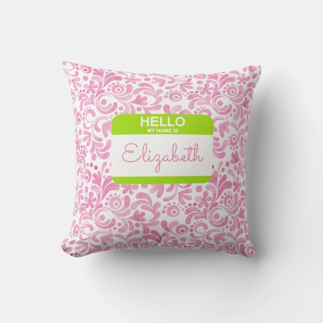 College Sorority Pink White Green HELLO MY NAME IS Cushion (Front)