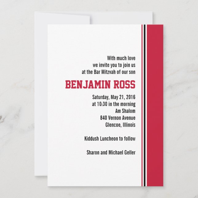 College Stripe Bar Mitzvah Invitation (Front)